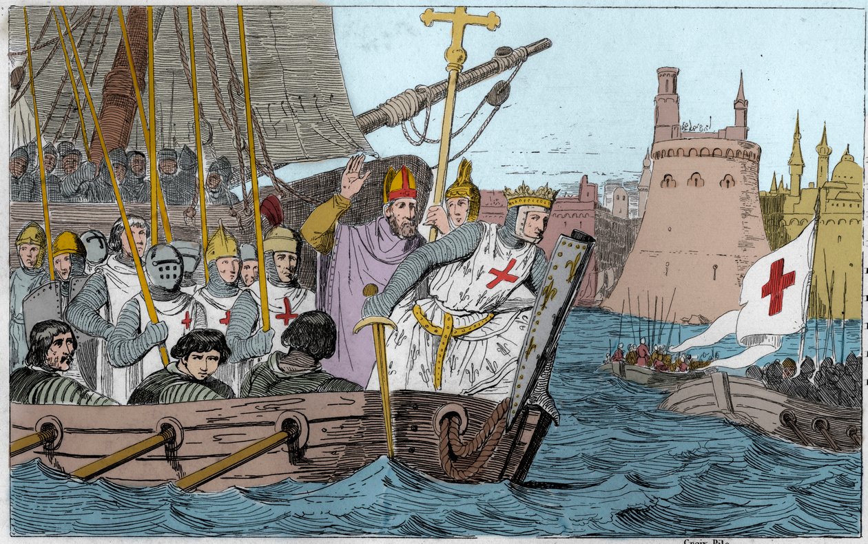 第7回十字軍サン・ルイ王（1214-1270）と十字軍は1249年6月に下エジプトのダミエットを包囲した - 第7回聖地巡礼1248-50 - サン・ルイ9世（1214-70）が軍を率いて戦闘に参加 - 「フランス史」に掲載された1825年のエングレーヴィング 作： アンブロワーズ・タルデュー