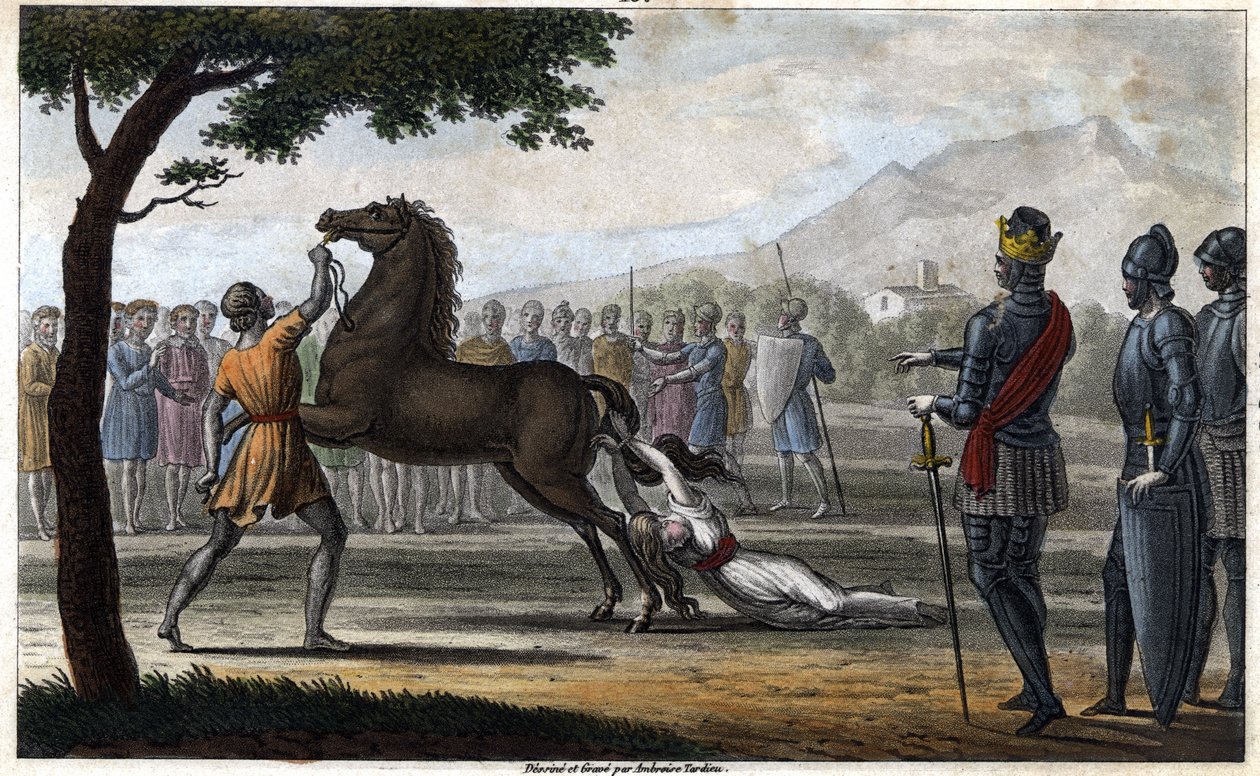 西ゴート族の王女で、アウストラシア王シゲベルト1世に嫁いだ王妃ブリュンヒルダの死クロテール（クロテール）2世に命じられたブリュンヒルデ（また