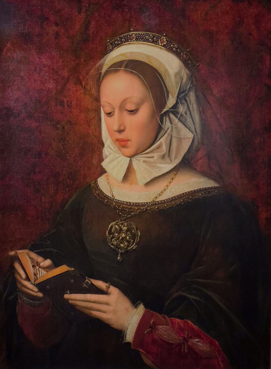 時祷書を読む若い女性、1520-1530年頃、木に油彩 作： アンブロシウス・ベンソン