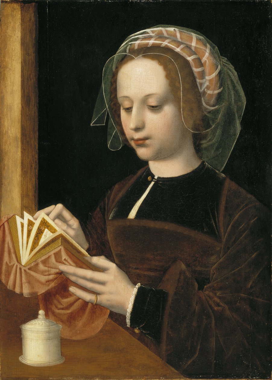 Marie Madeleine lisant - Mary Magdalene Reading, by Benson, Ambrosius (1495-1550).木に油彩。寸法：49x35 cm。ストックホルム国立博物館 作： アンブロシウス・ベンソン