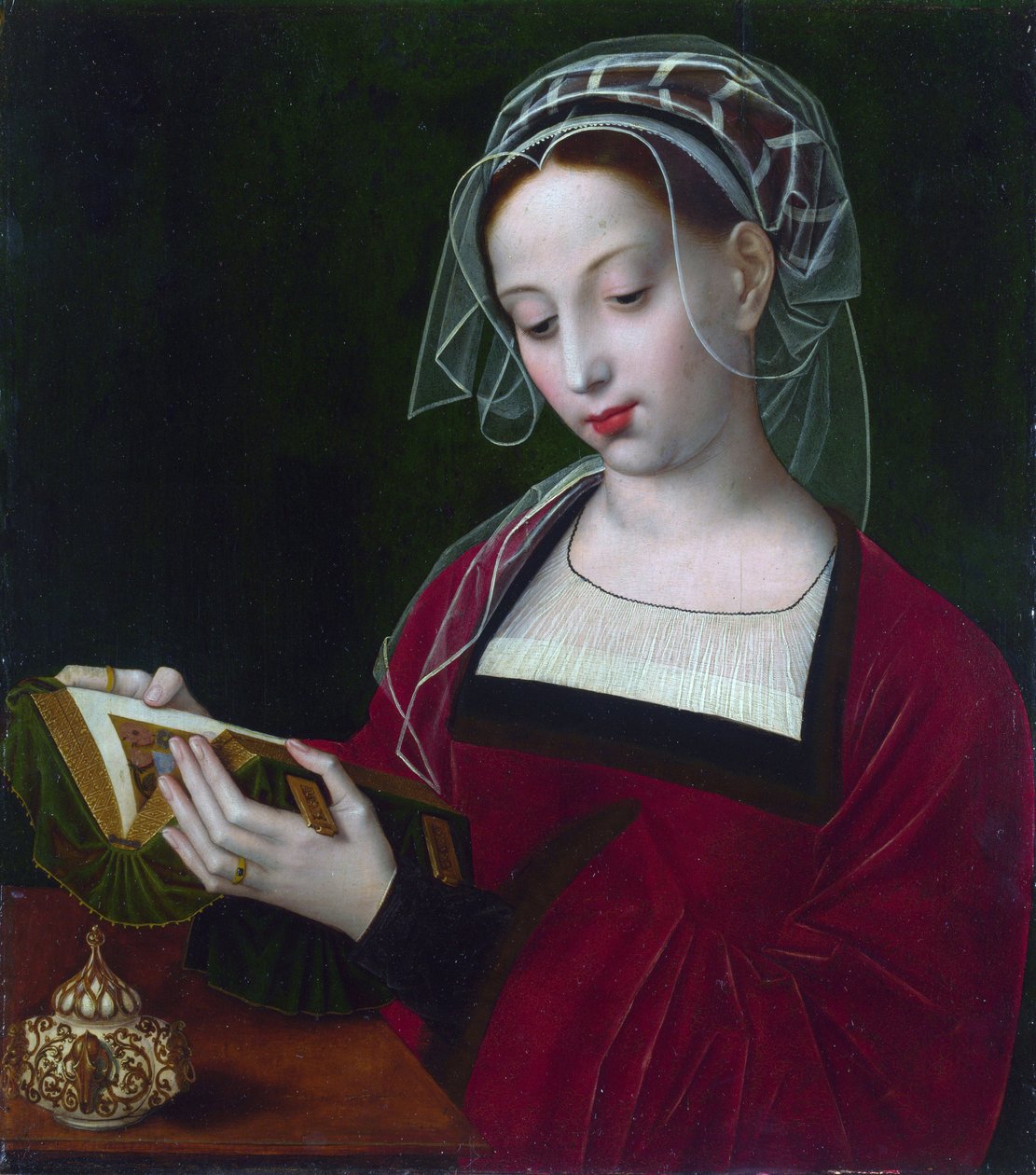 ""Mary Magdalene reading"" アンブロシウス ベンソン (1495-1550) による絵画、1525 年頃 ロンドン ナショナル ギャラリー 作： アンブロシウス・ベンソン