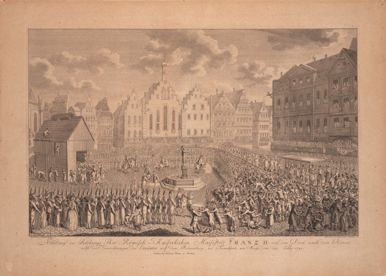 1792 年 7 月、フランクフルト大聖堂からレーマーベルクまでのフランツ 2 世の戴冠式行列 作： アンブロシウス・ガブラー