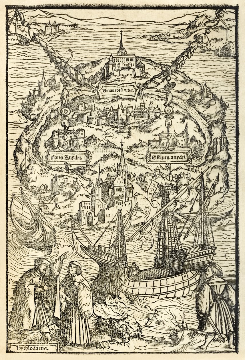 トーマスモア卿（1478-1535）による1518年のユートピアのニューユートピア島の地図。1516年に初公開。アンブロシウスホルバイン（1494〜1519年頃）の木版画にプロタゴニスのある島を表示 作： アンブロシウス・ホルバイン