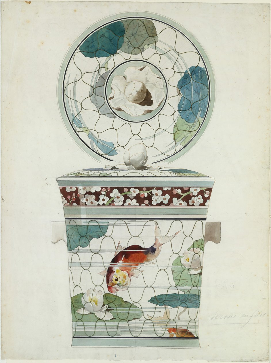 Service au Filet Fish Net Wareのカバー付きディッシュのデザイン...、1875-85。 作： AmédéedeCaranza。