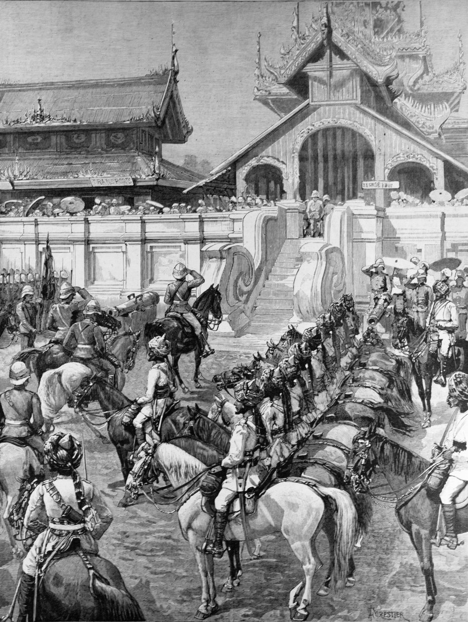 ビルマの部隊：1887年1月8日の「イラストレイテッドロンドンニュース」より、宮殿の東門でマンダレーにいるFロバーツ将軍の歓迎 作： アメディー・フォレスティエ