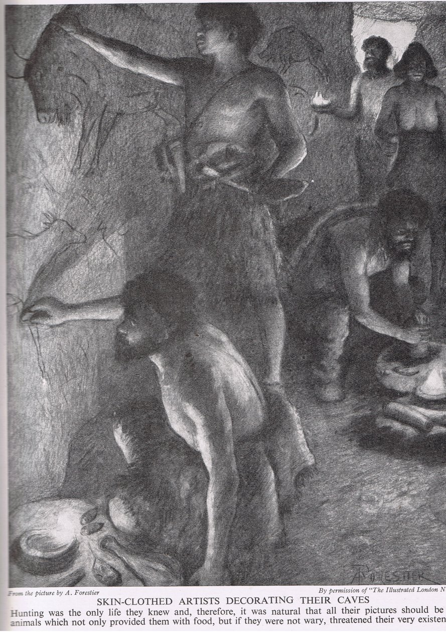 洞窟を飾る肌着のアーティスト、「イギリス人の物語」c.1950のイラスト 作： アメディー・フォレスティエ
