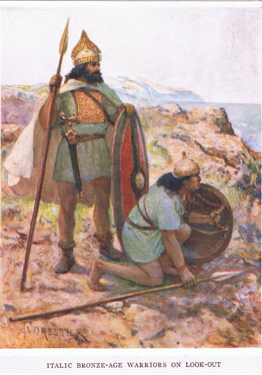 イタリック系の青銅器時代の戦士たちが警戒している様子（「ローマの兵士」のイラスト 作： アメディー・フォレスティエ