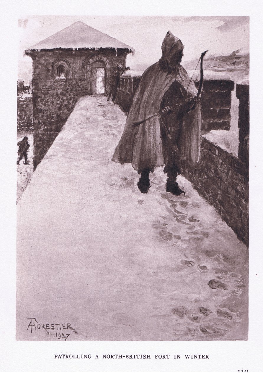 冬の北ブリティッシュフォートのパトロール、イラスト、The Roman Soldier、1928 作： アメディー・フォレスティエ