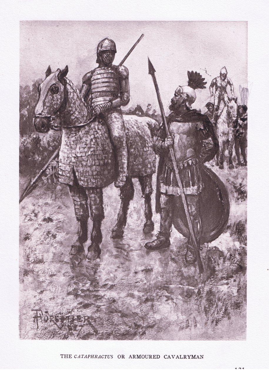 カタフラクタスまたは装甲騎兵、1928年のローマの兵士のイラスト 作： アメディー・フォレスティエ