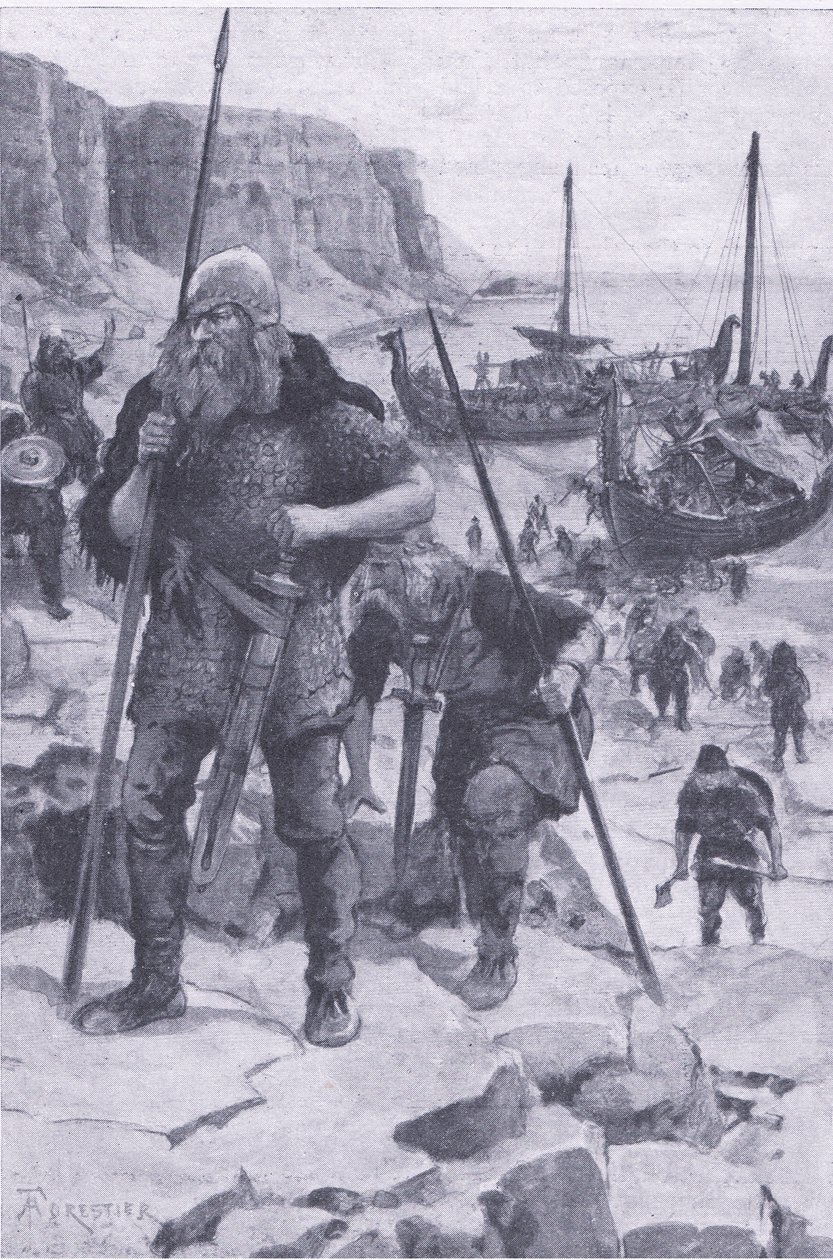 1922年に発行された「My Magazine」に掲載された「The Vikings find America」（リトグラフ）。 作： アメディー・フォレスティエ