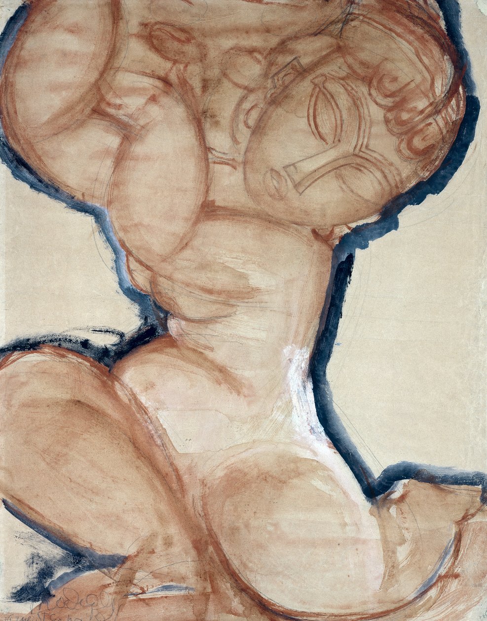 ピンクのカリアティードと青いボーダー、c.1913 作： アメデオ・モディリアーニ