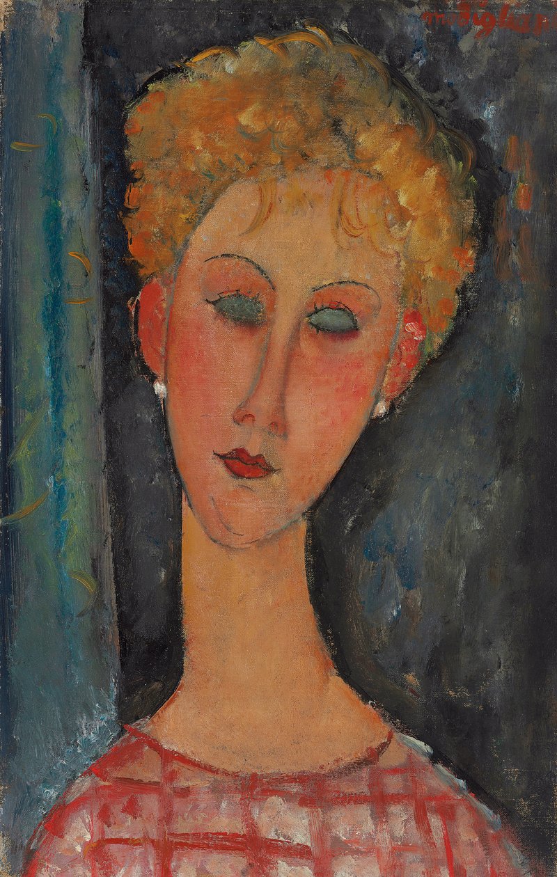 巻き毛のブロンドの女性。イヤリングのある金髪、1918〜1919年 作： アメデオ・モディリアーニ