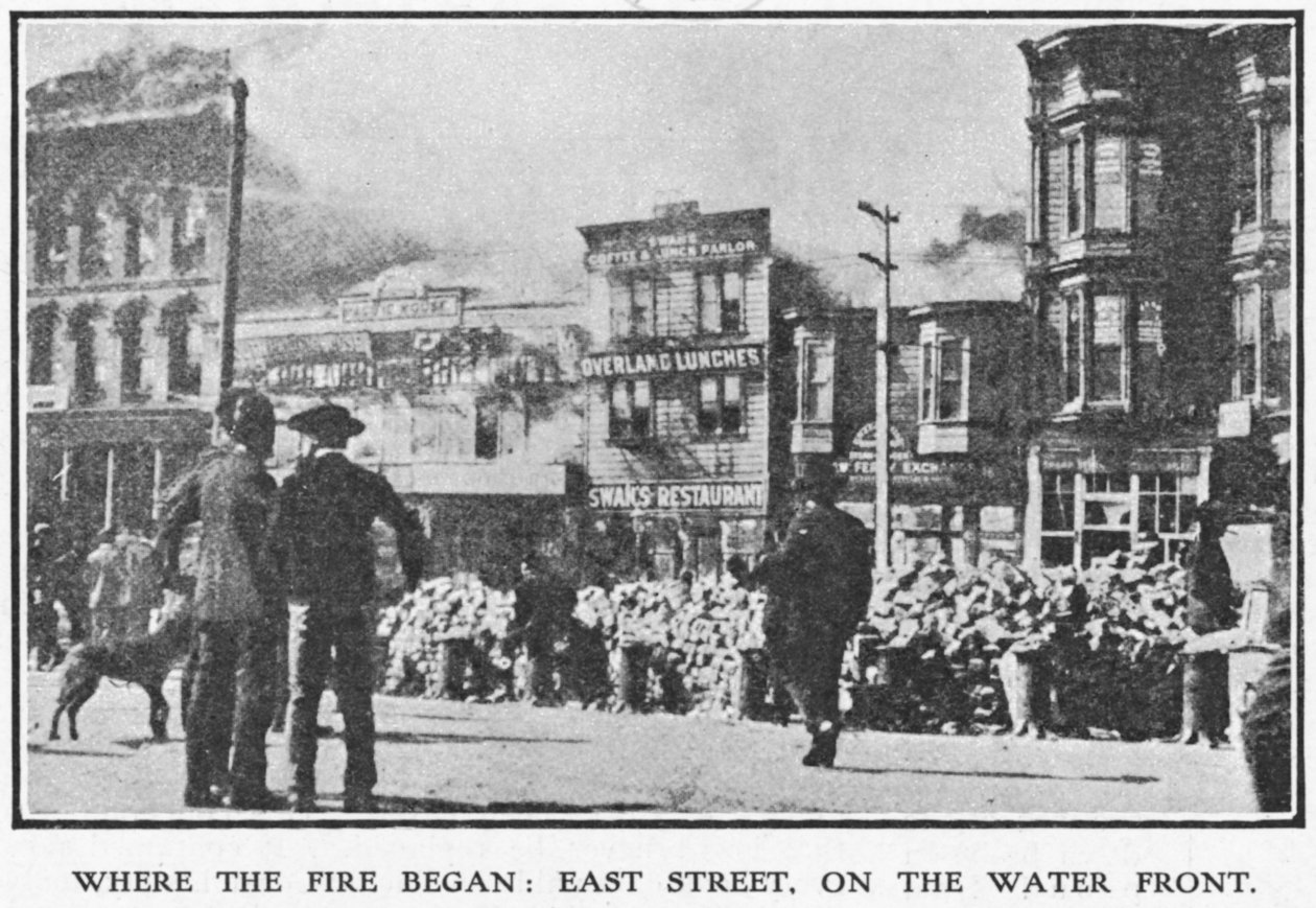 1906年の地震の際に火災が発生したサンフランシスコのイーストストリート、1906年（223357も参照） 作： アメリカの写真家