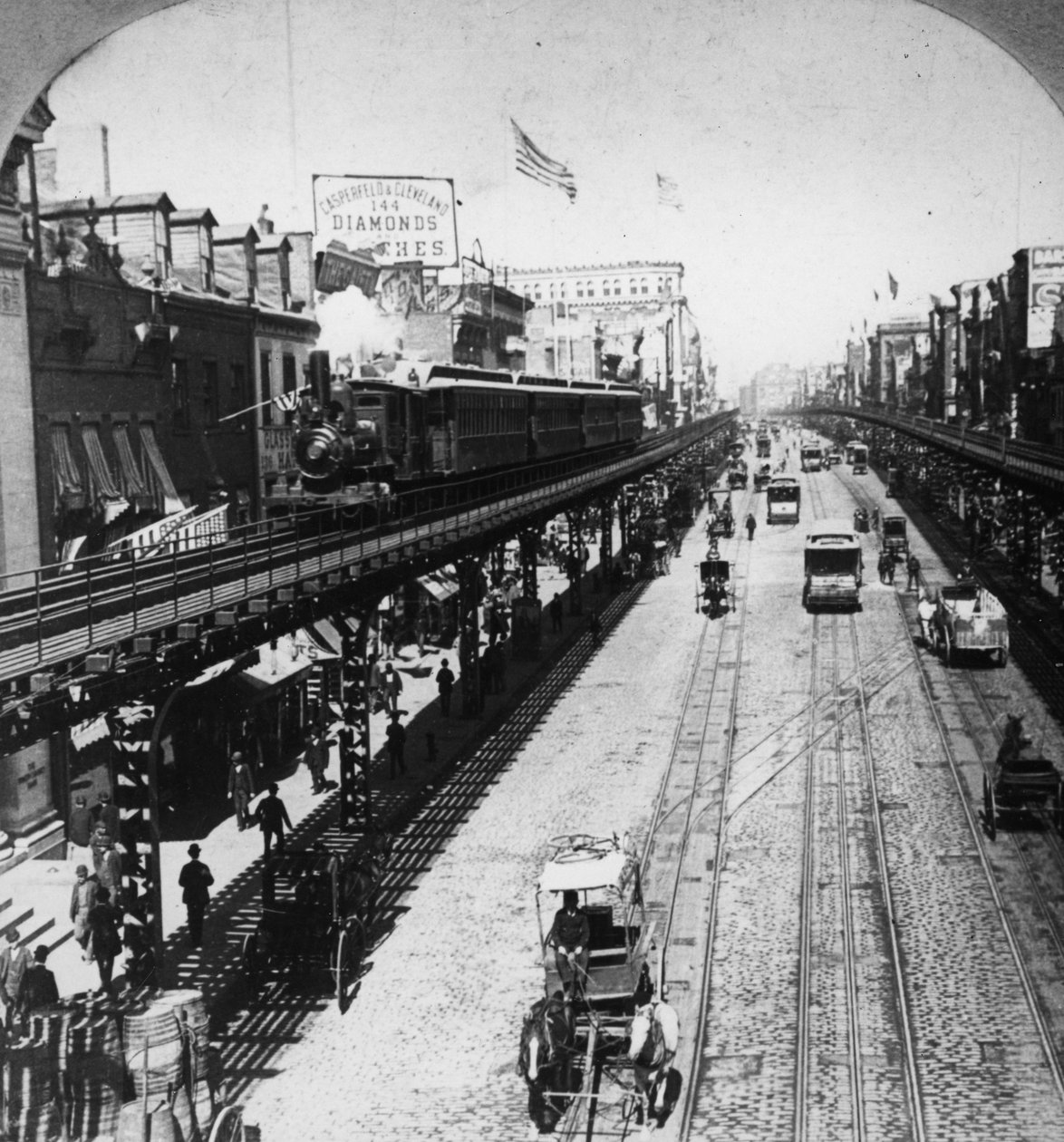 ニューヨークのザバウリーに沿ったIRTサードアベニューライン、c.1897 作： アメリカの写真家