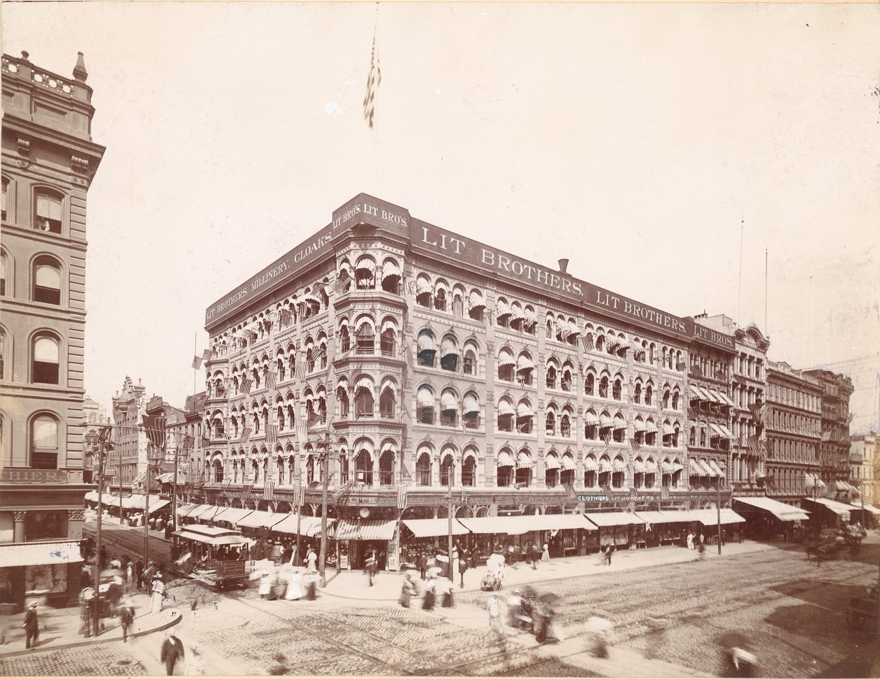 点灯している兄弟、マーケットストリート8番、北東の角、1898 作： アメリカの写真家