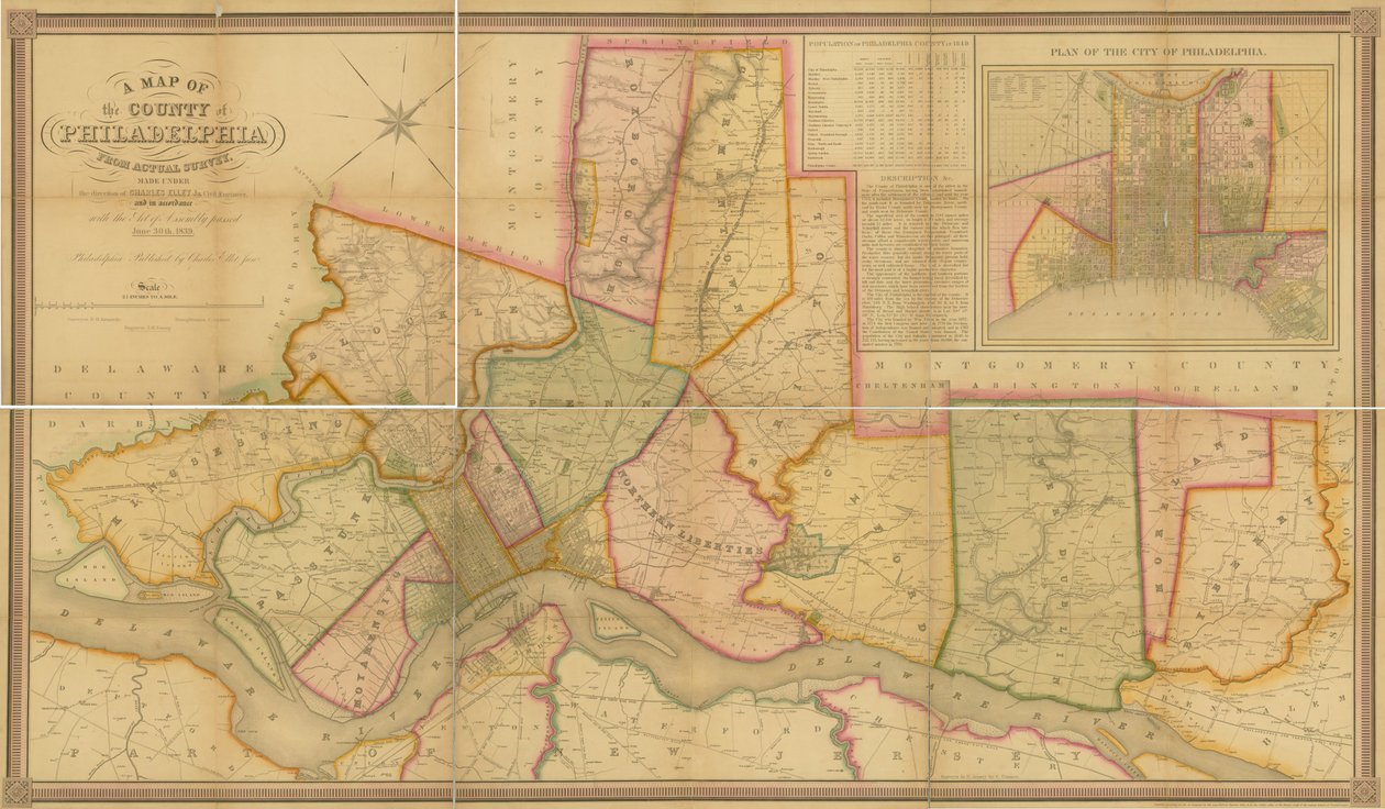 実際の調査によるフィラデルフィア郡の地図、1843年 作： アメリカの学校