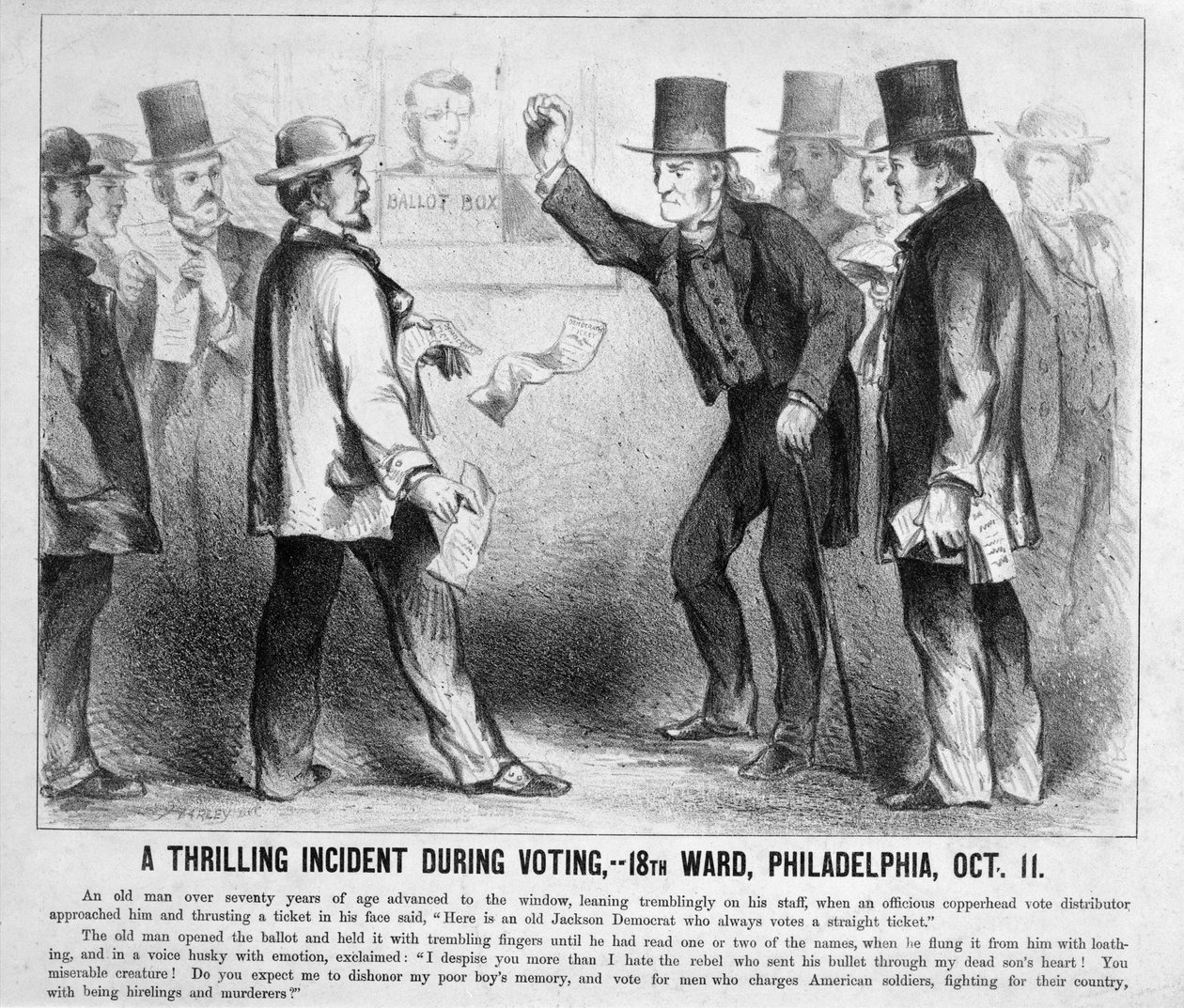 投票中のスリリングな事件、フィラデルフィア、1863年 作： アメリカの学校