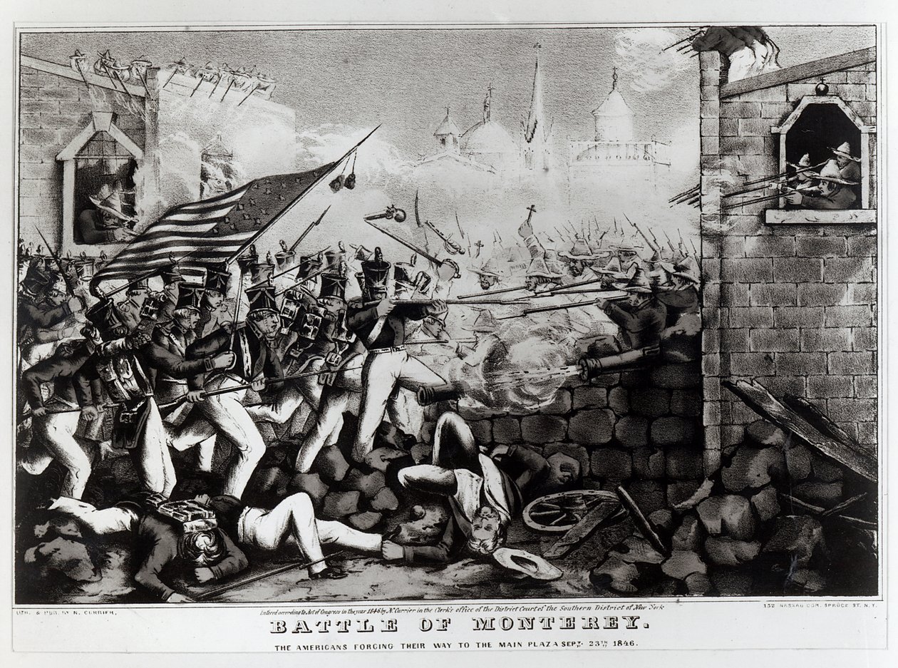 モントレーの戦い：1846年9月23日、メインプラザに向かうアメリカ人の彫刻、Nathanial Currier（1813-88）、1846年 作： アメリカの学校