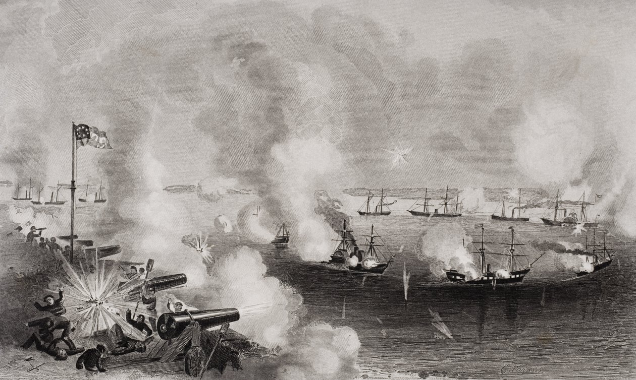 1861年11月7日、サウスカロライナ州ポートロイヤルのフォートウォーカーとボーリガードの砲撃と捕獲 作： アメリカの学校