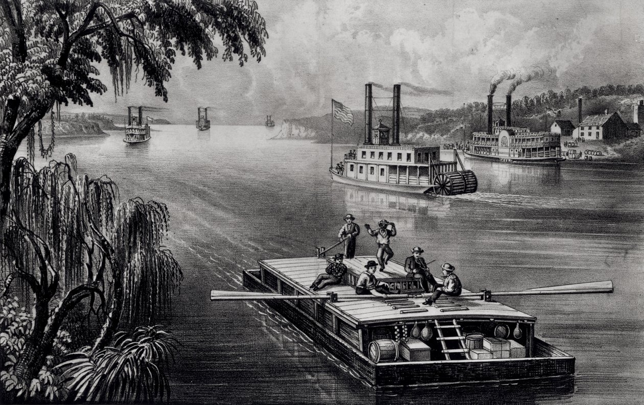 バウンドダウンザリバー、パブ。 Currier and Ives、1870 作： アメリカの学校