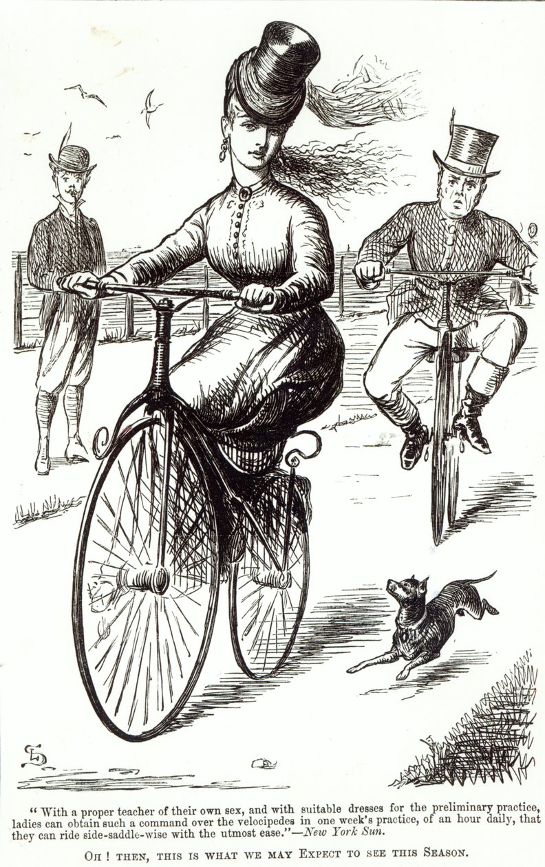 Velocipede、1869年の女性の漫画 作： アメリカの学校