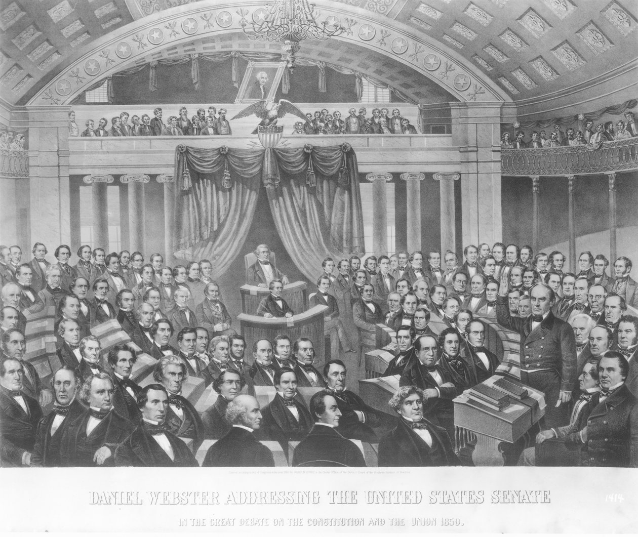 1850年、1860年の合衆国憲法と連合に関する大論争で、アメリカ合衆国上院で演説するダニエルウェブスター 作： アメリカの学校
