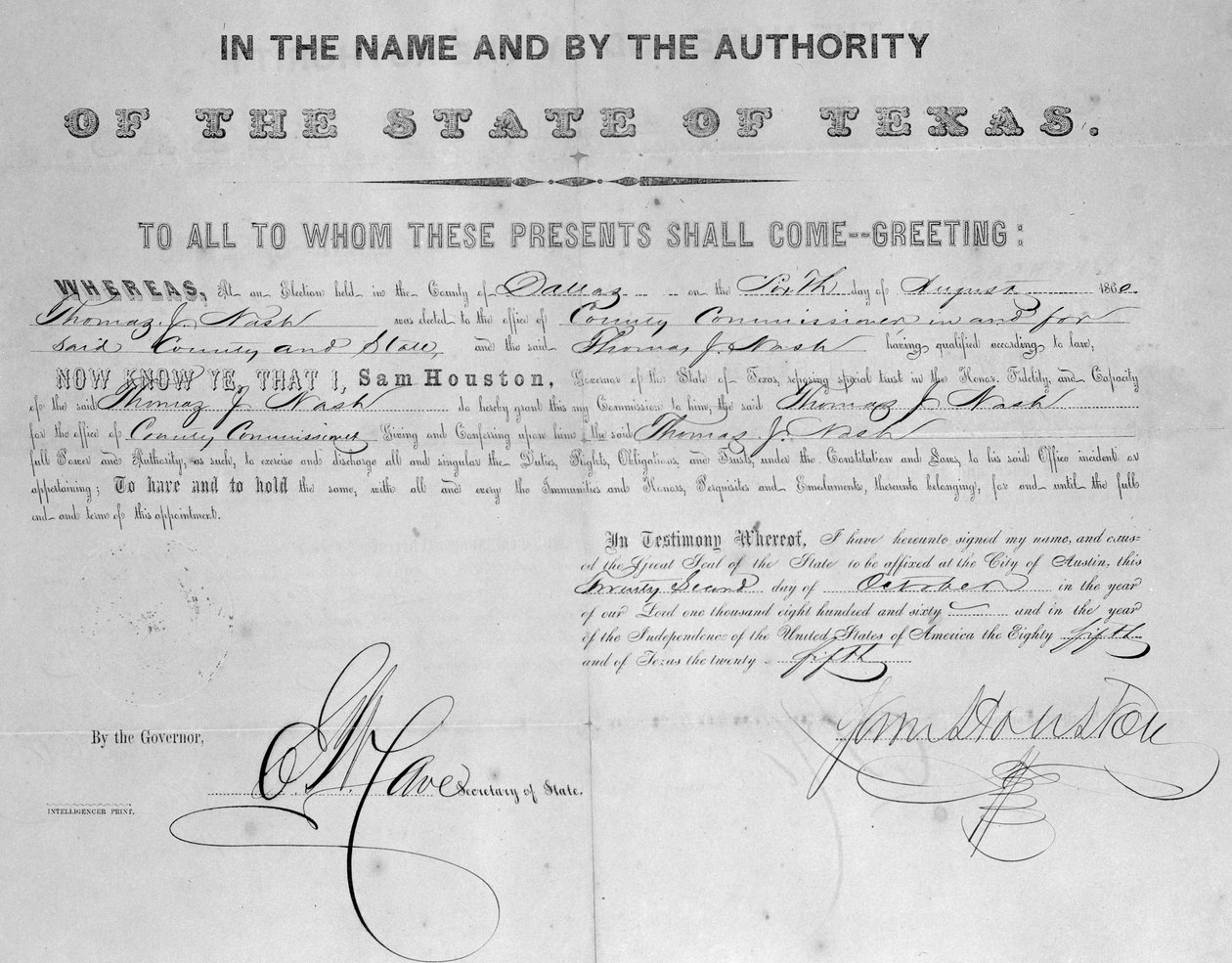 サム・ヒューストンによって署名された証書（1793-1863）1860 作： アメリカの学校