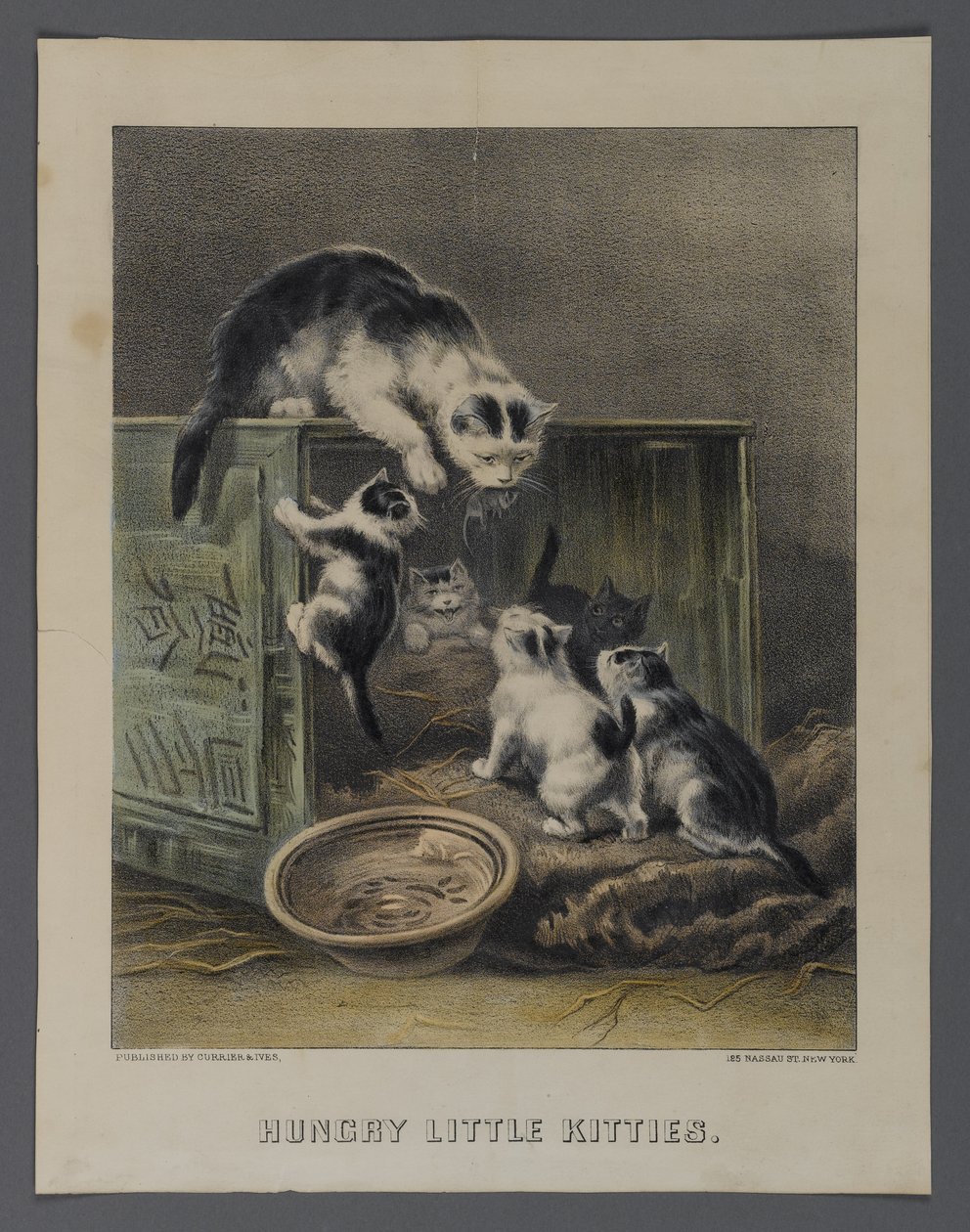 ハングリーリトルキティ、Currier＆Ives、ニューヨーク発行（手塗りのlitho） 作： アメリカの学校