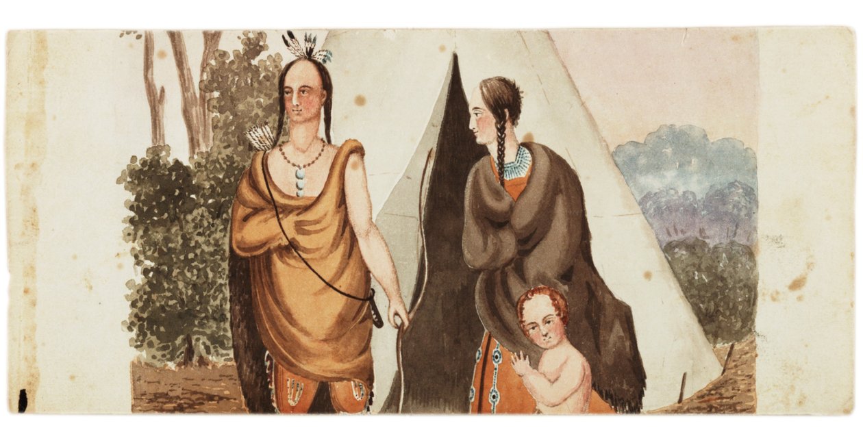 ティーピーの外に座っているインドの家族、1849年 作： アメリカの学校