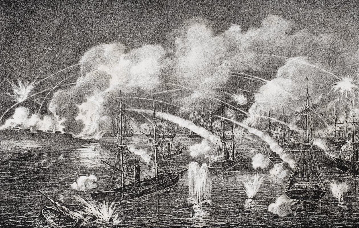 1862年、ルイジアナ州フォートジャクソンへの深夜の海上砲撃 作： アメリカの学校