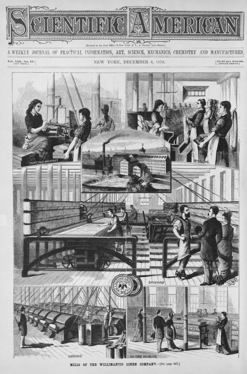 1879年12月6日の「Scientific American」のイラストによるウィリマンティックリネン会社のミルズ 作： アメリカの学校