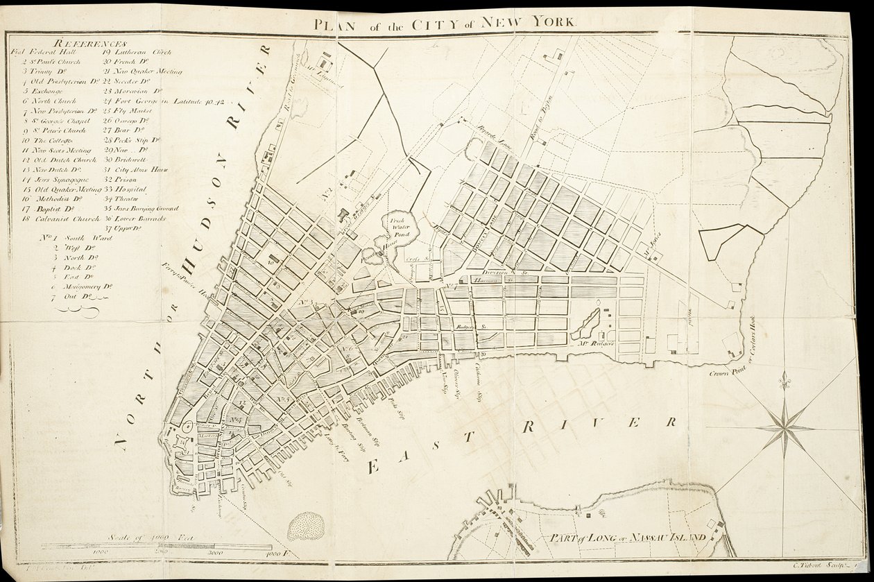 ニューヨーク市の計画、1789年のTieboutによる刻印（彫刻、紙にインク） 作： アメリカの学校