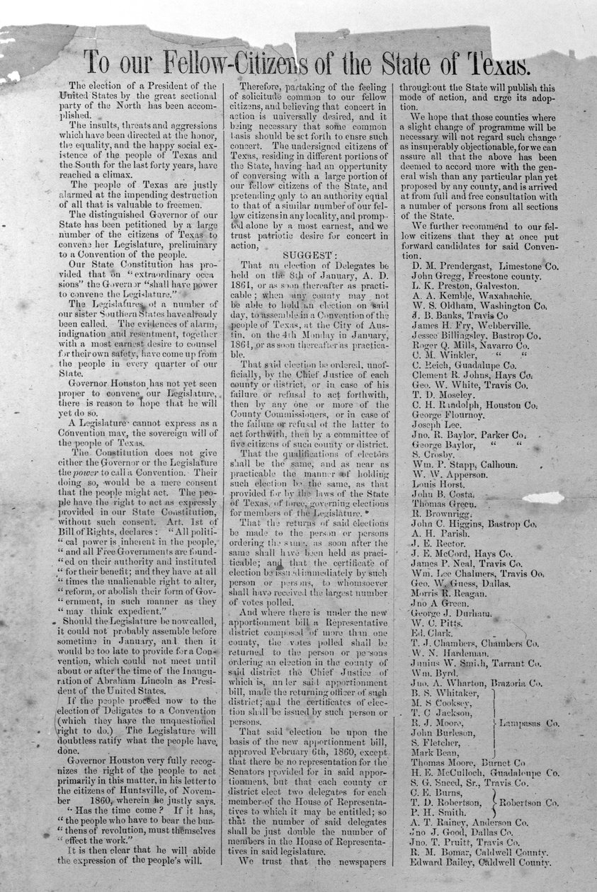 テキサス分離条例、1861年1月8日（印刷） 作： アメリカの学校