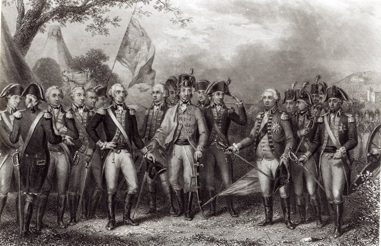 1781年10月19日、J。スティーブンソンによって刻まれたイギリス軍のワシントン将軍への降伏 作： アメリカの学校