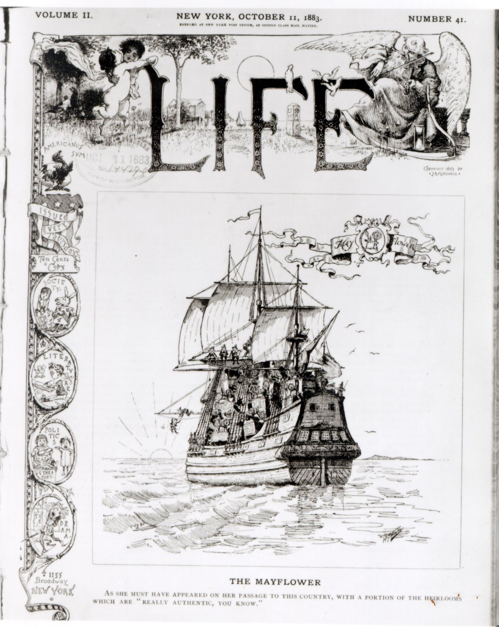 メイフラワー、「ライフ」誌の表紙、1883年10月11日 作： アメリカの学校