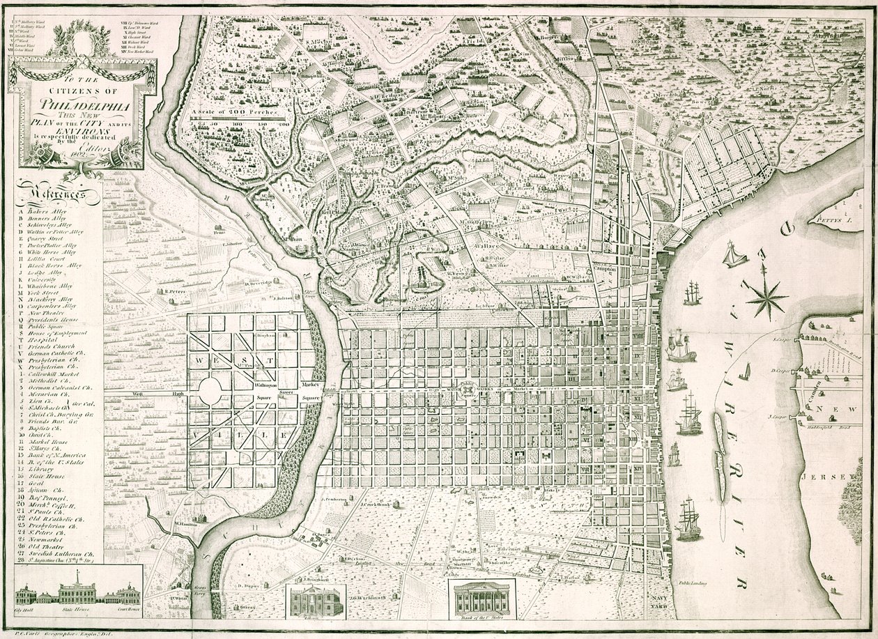 フィラデルフィア市とその周辺の新しい計画、1802 作： アメリカの学校