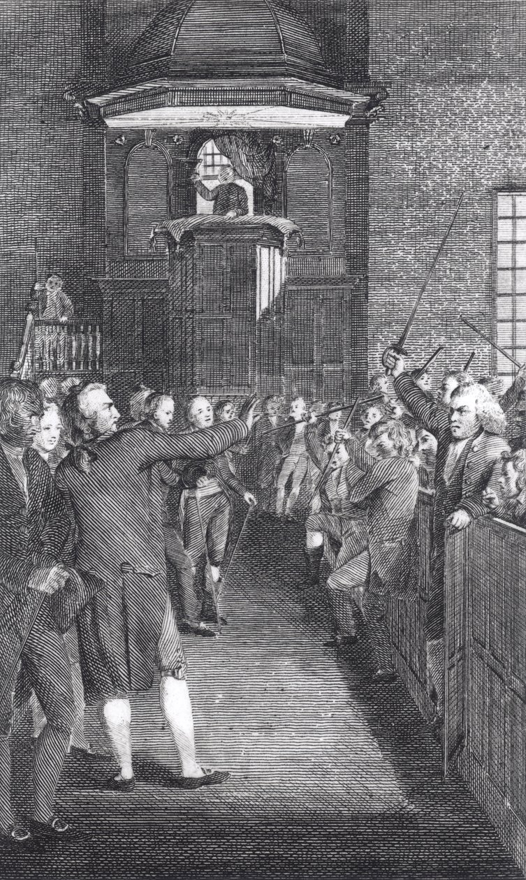 エルカナティスデイル（1768〜1835）によって彫刻されたジョントランボール作「M&39;Fingal」からのタウンミーティング、1770年頃1795 作： アメリカの学校