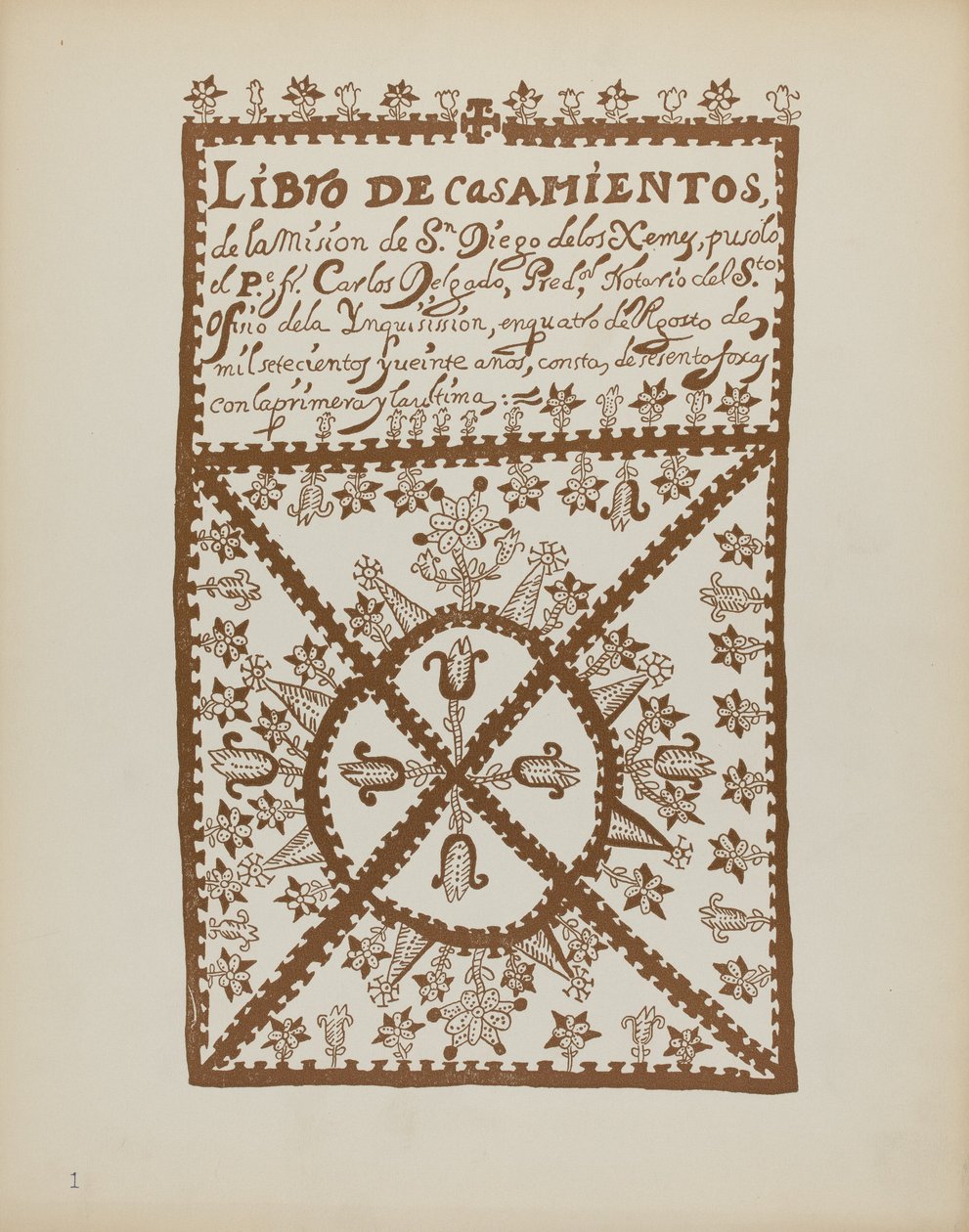 プレート 1: Jemez Book of Marriages: Portfolio "Spanish Colonial Designs of New Mexico" より 作： アメリカの20世紀