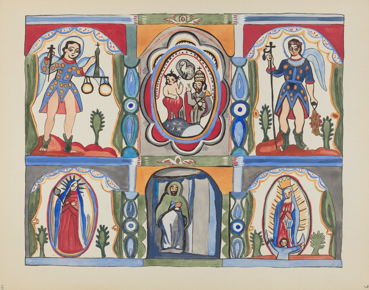 プレート 6: チャペルの祭壇画、サンタ クルーズ: ポートフォリオ「ニューメキシコのスペイン植民地時代のデザイン」より 作： アメリカの20世紀