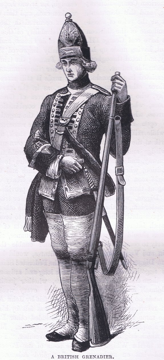 イギリスの擲弾兵（1900年頃、Cassell, Petter & Galpin社の『Cassells History of the United States』に掲載されたイラスト）。 作： アメリカ英語学校