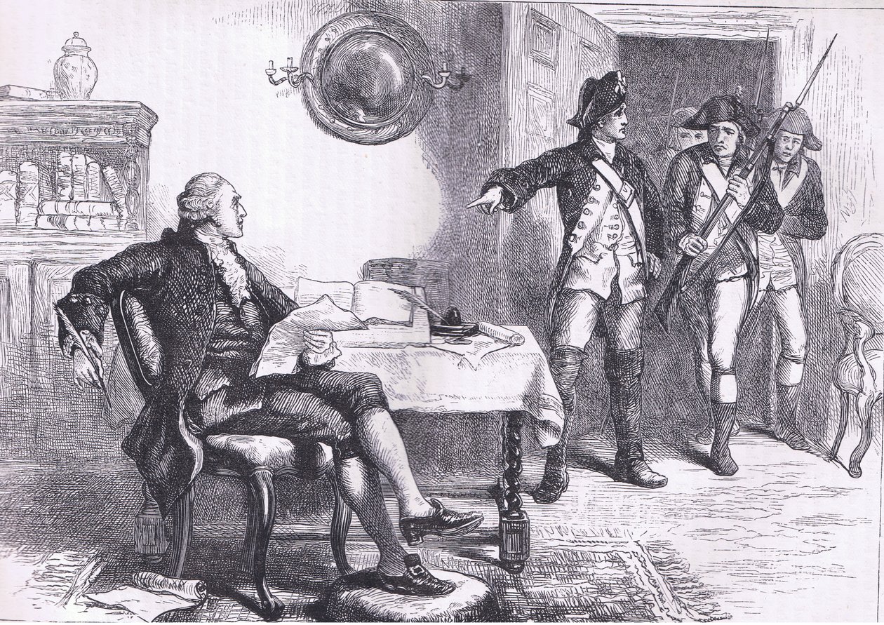 ウィリアム・フランクリンの逮捕図（1900年頃、Cassell, Petter & Galpin社発行のCassells History of the United Statesより）（リトグラフ版 作： アメリカ英語学校