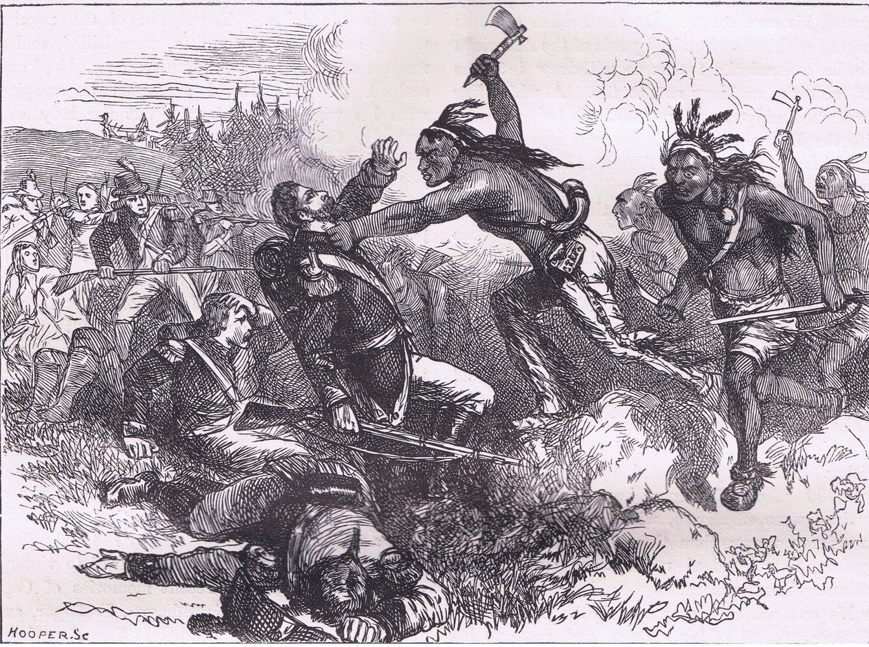 ディアボーン砦でのインディアンの攻撃、1900年頃にCassell, Petter & Galpin社から出版された『Cassells History of the United States』の挿絵（リトグラフ）。 作： アメリカ英語学校