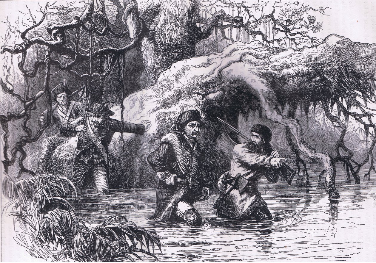 ワバッシュ川を渡るクラークと兵士たち（1900年頃、Cassell, Petter & Galpin社発行「Cassells History of the United States」より）。 作： アメリカ英語学校