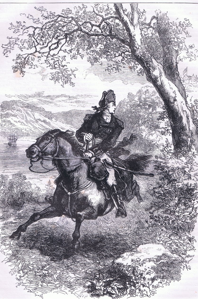 ベネディクト・アーノルドの逃亡（1900年頃、Cassell, Petter & Galpin社発行の『Cassells History of the United States』の挿絵）（リトグラフ 作： アメリカ英語学校