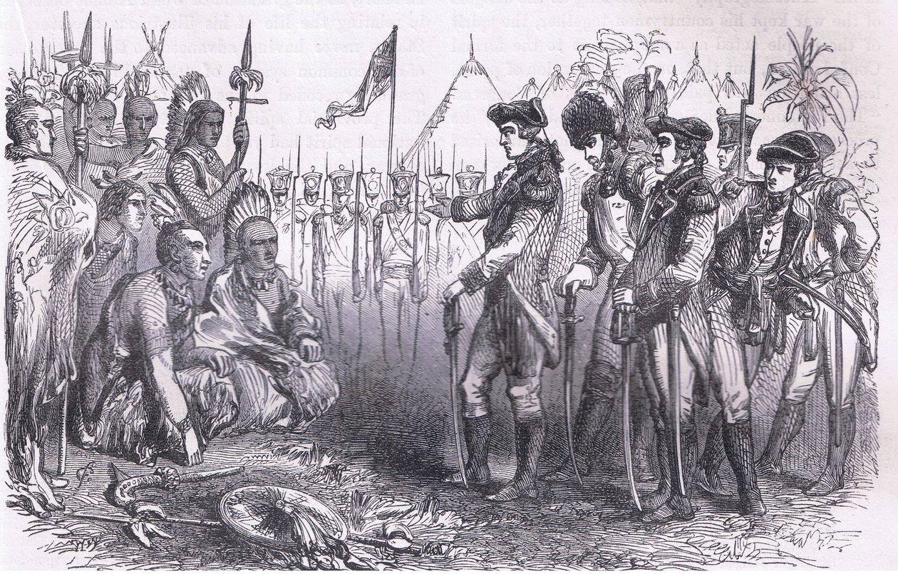 インディアンに演説するバーゴイン将軍、1900年頃にCassell, Petter & Galpin社から出版されたCassells History of the United Statesからの挿絵（リトグラフ）。 作： アメリカ英語学校