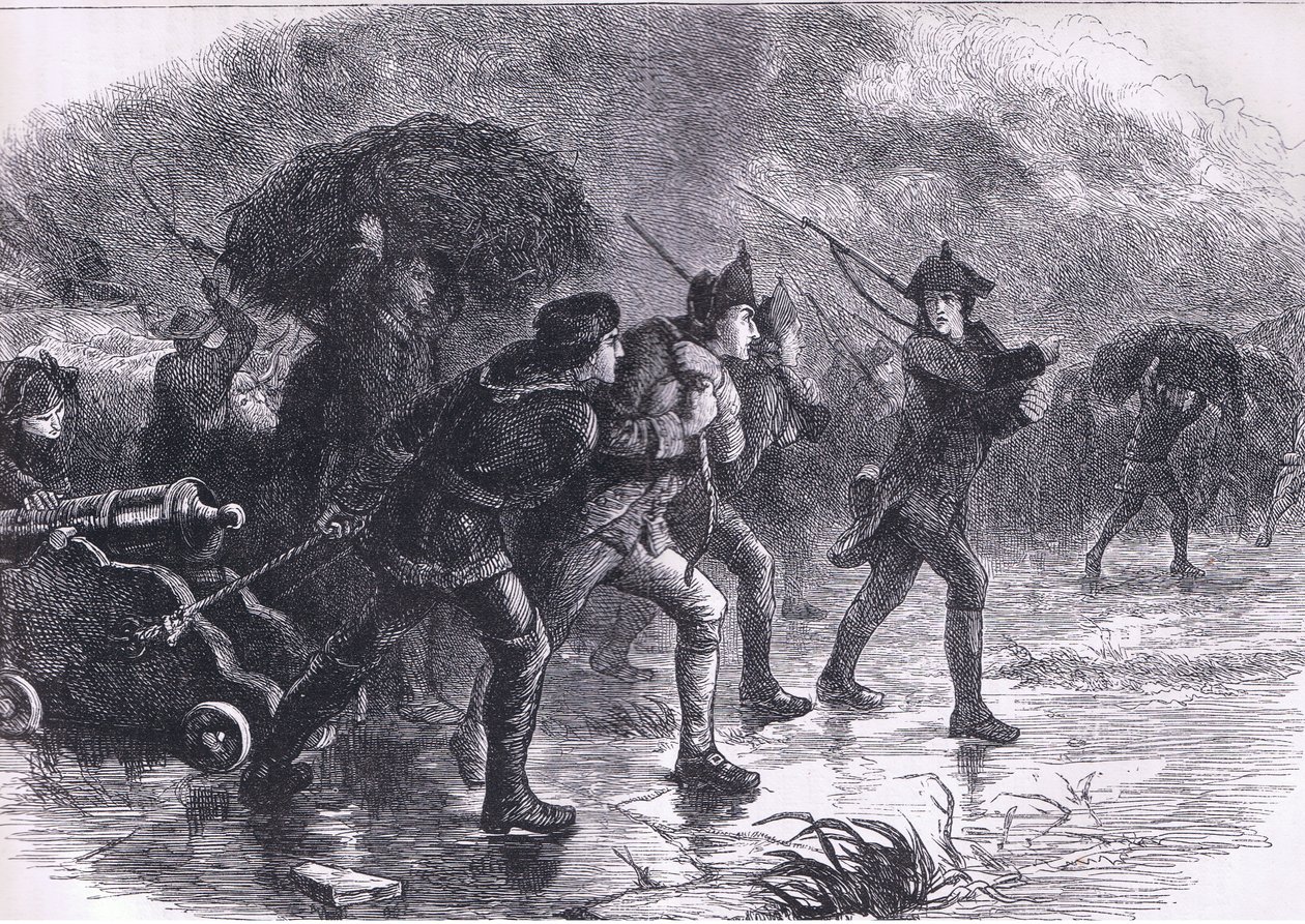 ボストンでのアメリカ人の夜の作戦行動、1900年頃にCassell, Petter & Galpin社から出版された『Cassells History of the United States』の挿絵（リトグラフ）。 作： アメリカ英語学校