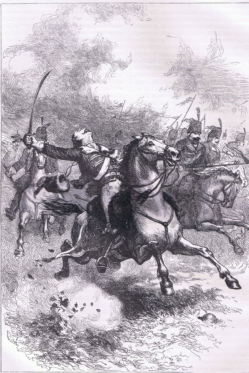 1900年頃にCassell, Petter & Galpin社から出版された『Cassells History of the United States』に掲載されたイラスト「The charge of the Pulaski」（リトグラフ）。 作： アメリカ英語学校
