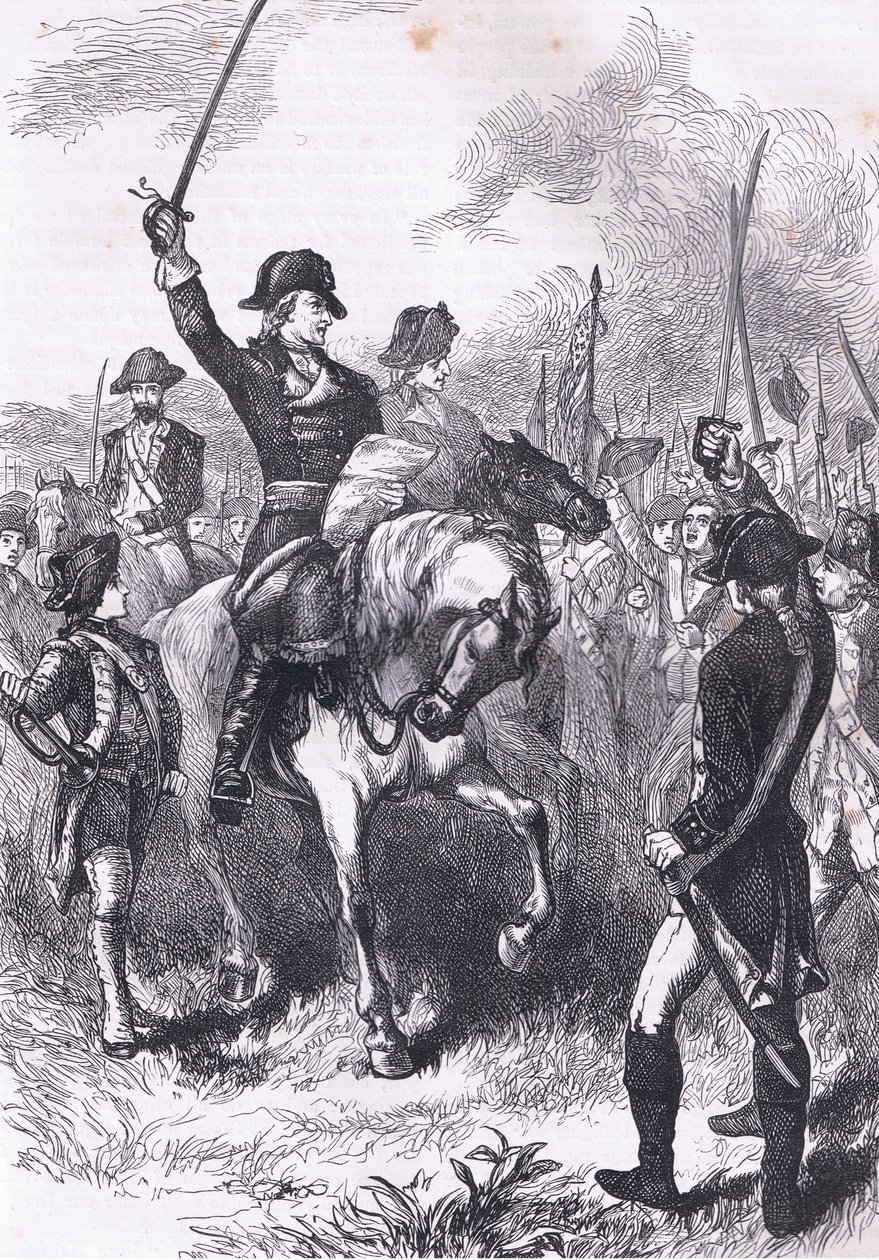 1900年頃にCassell, Petter & Galpin社から出版された『Cassells History of the United States』に掲載された独立宣言文のイラスト（リトグラフ）。 作： アメリカ英語学校