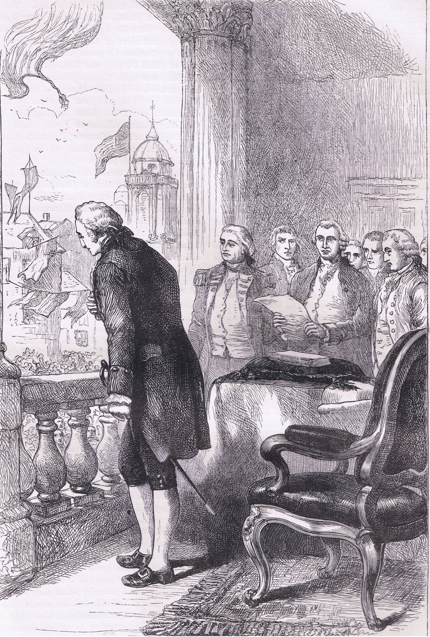 1900年頃にCassell, Petter & Galpin社から出版された『Cassells History of the United States』に掲載されたワシントン設置のイラスト（リトグラフ 作： アメリカ英語学校
