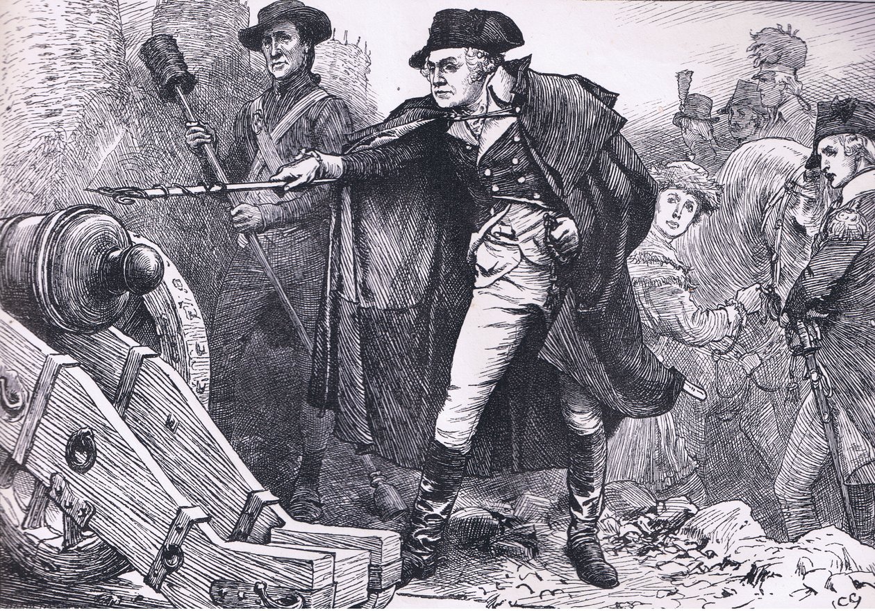 ヨークタウン包囲戦でのワシントン、1900年頃にCassell, Petter & Galpin社から出版されたCassells History of the United Statesに掲載されたイラスト（リトグラフ版 作： アメリカ英語学校